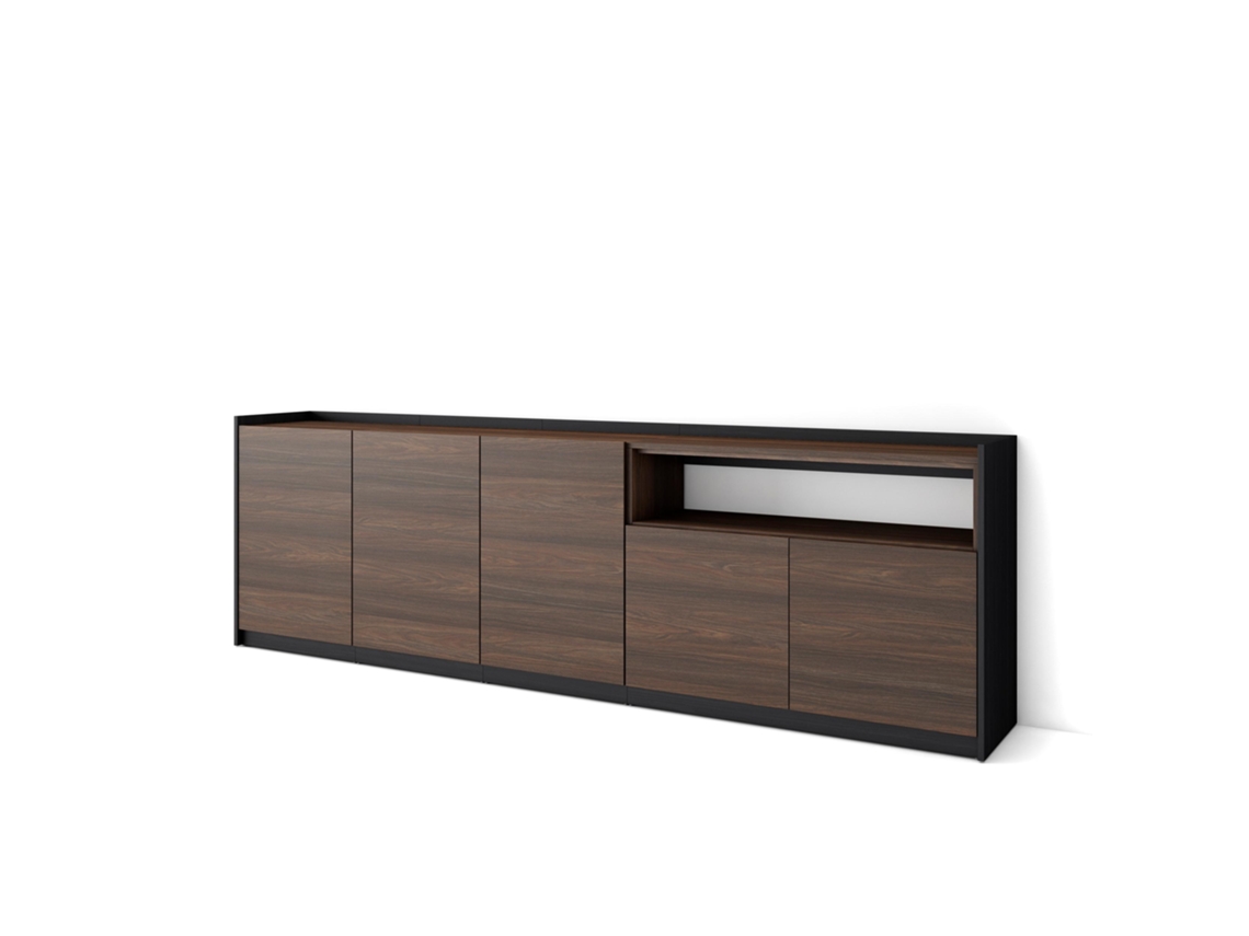 Aparador de comedor, 260x37x80cm, 5 puertas, armario de almacenamiento, roble oscuro y negro.