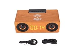 Alarme Relógio Com Alto-falante Bluetooth 5.0 E Carregamento Sem Fio 10w Em Madeira Estilo Retrô