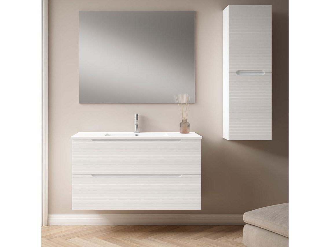 Mueble de baño con Lavabo, Espejo y Aplique LED BOREAL 120x45 cm acabado Blanco mate 2 cajones suspendido
