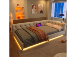 Sofá Cama Multifuncional De 90x200 Cm, Color Beige, Con Led, Usb-c Y Extensible.