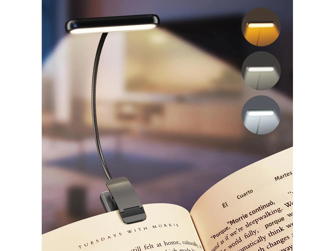 Lámpara de lectura USB recargable con 14 LED, pinza flexible y opción de luz cálida o fría. MDUG (negra)