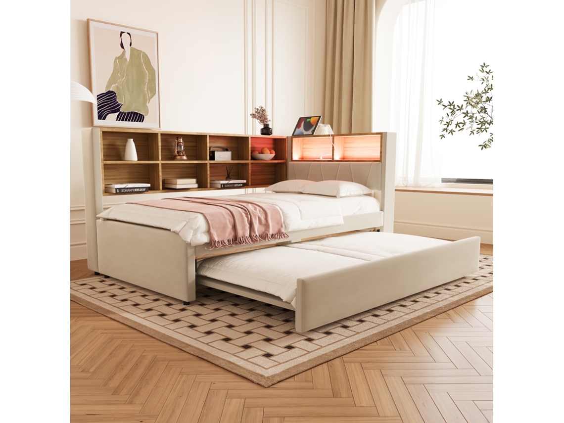 Sofá Cama 90x200 Cm Con Cama Nido 90x190 Cm, Led, Enchufes, Múltiples Compartimentos, Franela Beige.