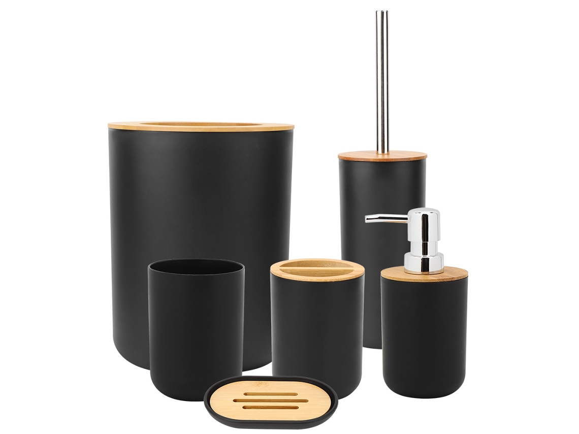 Juego de baño Baok de 6 piezas: jabonera, portacepillos de dientes, inodoro, botella de loción y accesorios (negro)