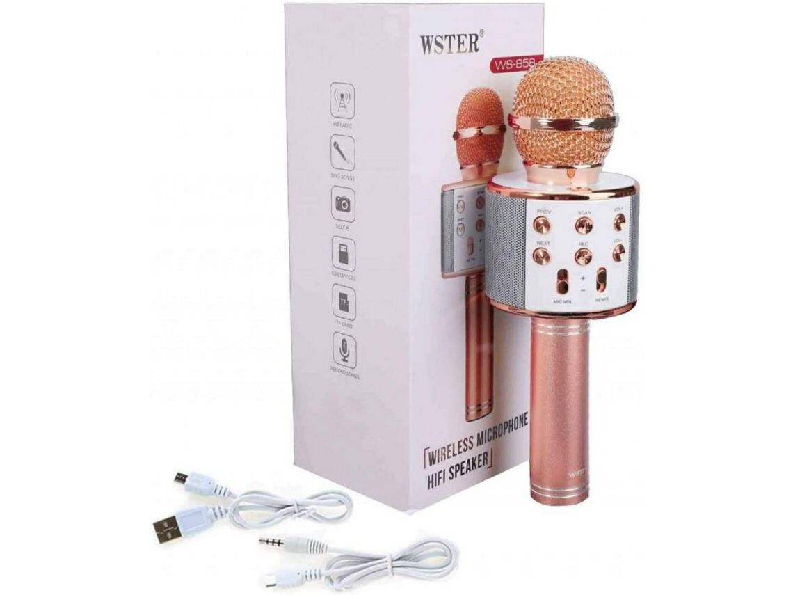 Micrófono Inalambrico Con Altavoz Y Bluetooth Usb Teléfono Karaoke Radio Rosa EMCEURO