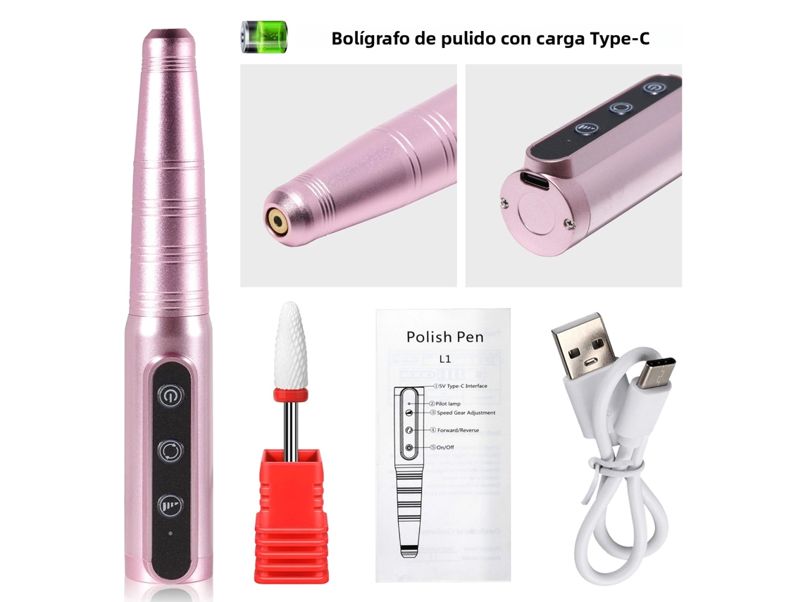 (¡Rosa!) Pulidora y lijadora de uñas USB profesional, herramienta portátil recargable para salones de belleza.