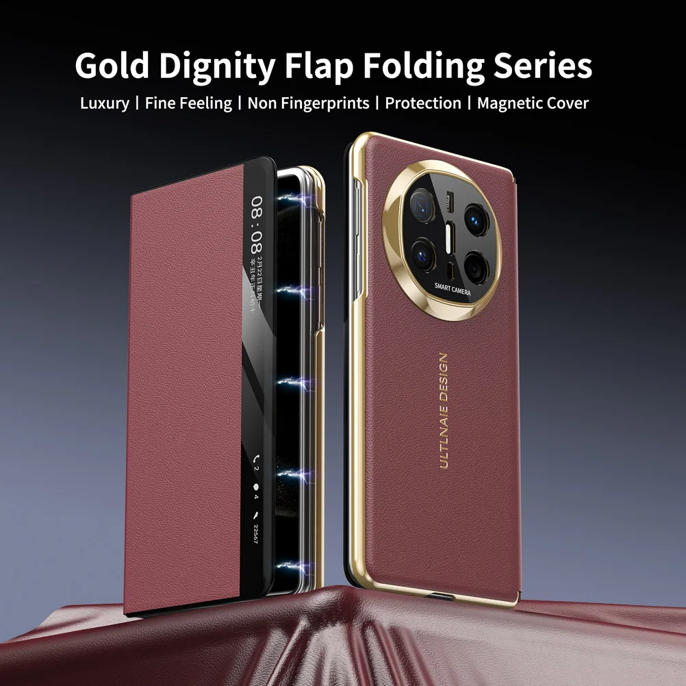 (rojo Oscuro, Huawei Mate X5) Funda De Cuero Retro Para Teléfono Inteligente, Resistente A Los Golpes Con Protector De Lente Magnético Integrado.