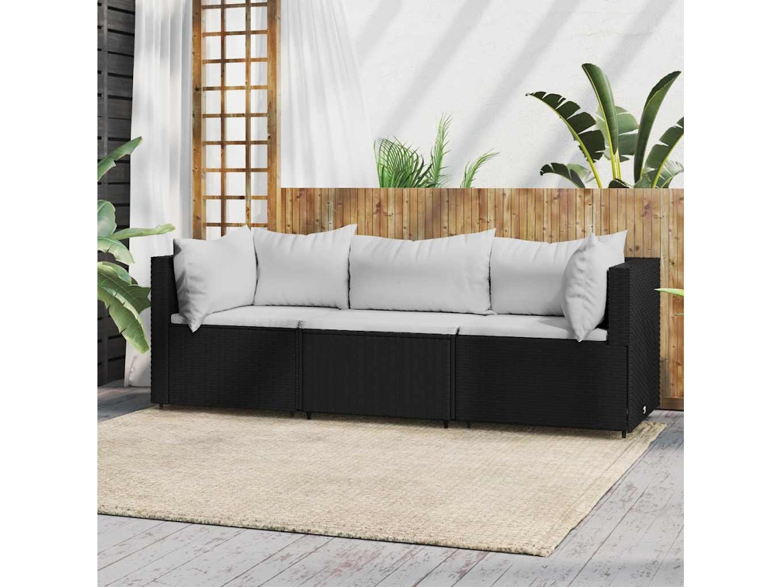 Conjunto de jardín de 3 piezas con cojines, mimbre sintético negro, DKD Home Decor