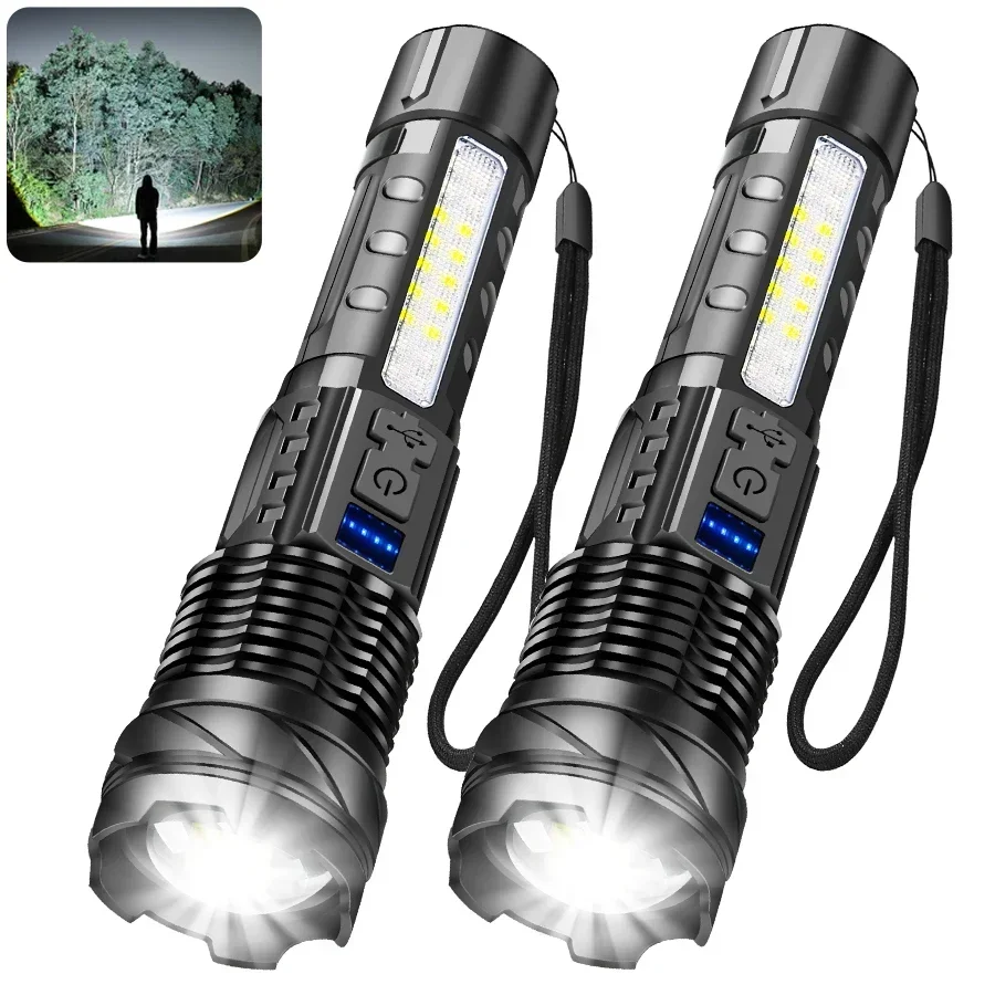 Linterna LED recargable por USB de alta potencia, luz táctica de emergencia, reflector telescópico con batería integrada. Aeuzwr