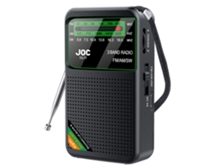 Mini radio AM/FM/SW tribanda (negra) con soporte para auriculares y batería recargable.