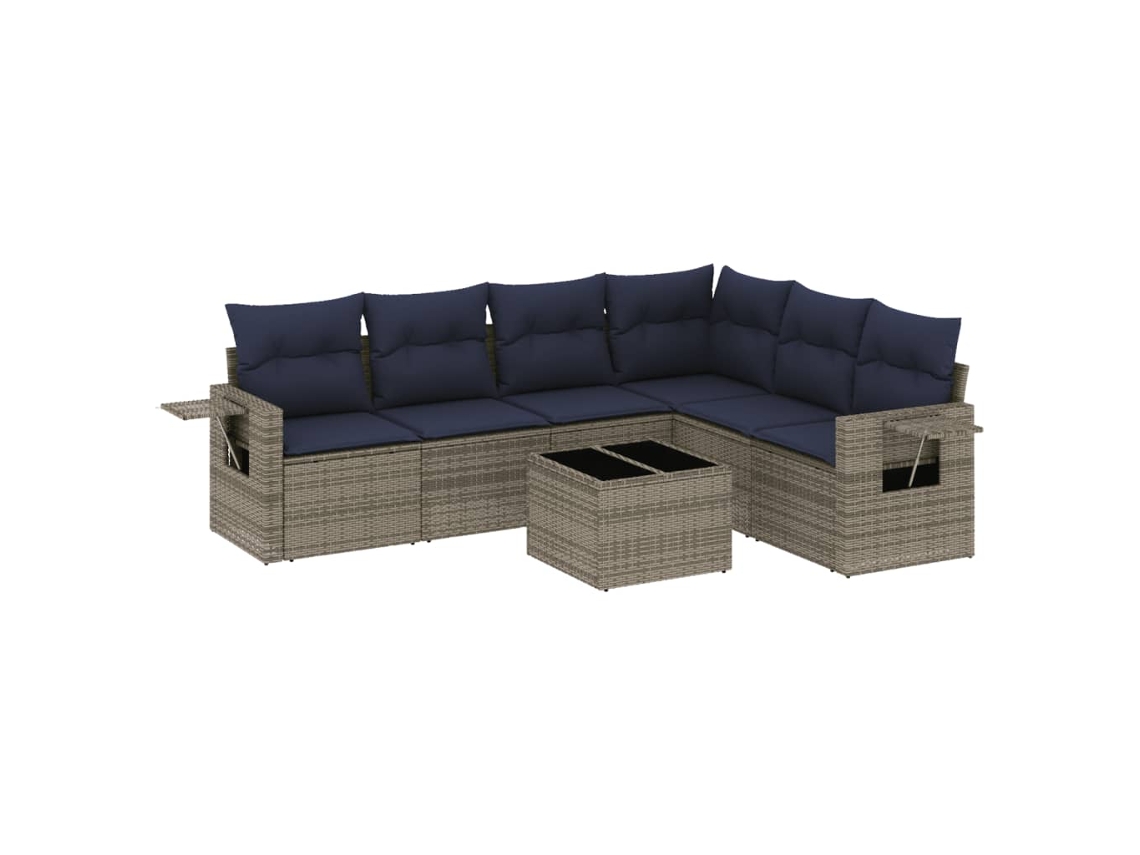 Conjunto de sofá de jardín de 7 piezas con cojines, ratán gris. EXCLUSIVO DE MAISON.