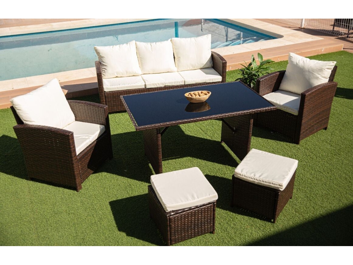 Sofa Mesa 2 Sillones 2 pufs de Ratan PE. Muebles de Jardin y Terraza, Marron SALDOSYSTOCKS