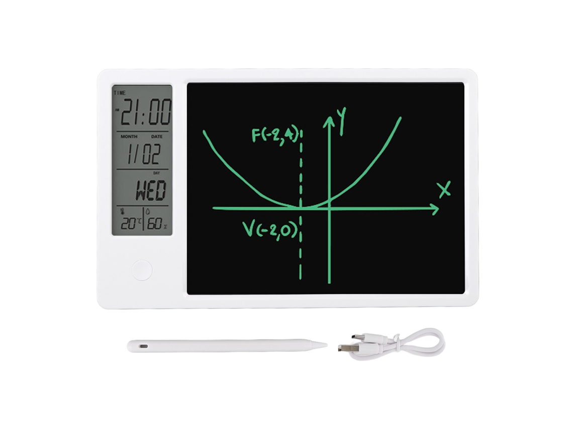 Calendário Digital De Mesa Com Quadro De Escrita Lcd 9,5 Polegadas Relógio Data Temperatura Umidade Branco