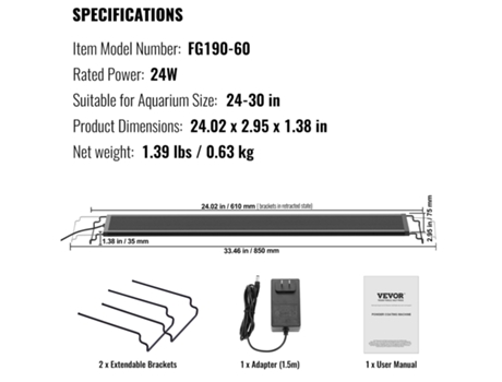 Luz de acuario VEVOR, luz de pecera de espectro completo de 24W para pecera de 24-30 pulgadas