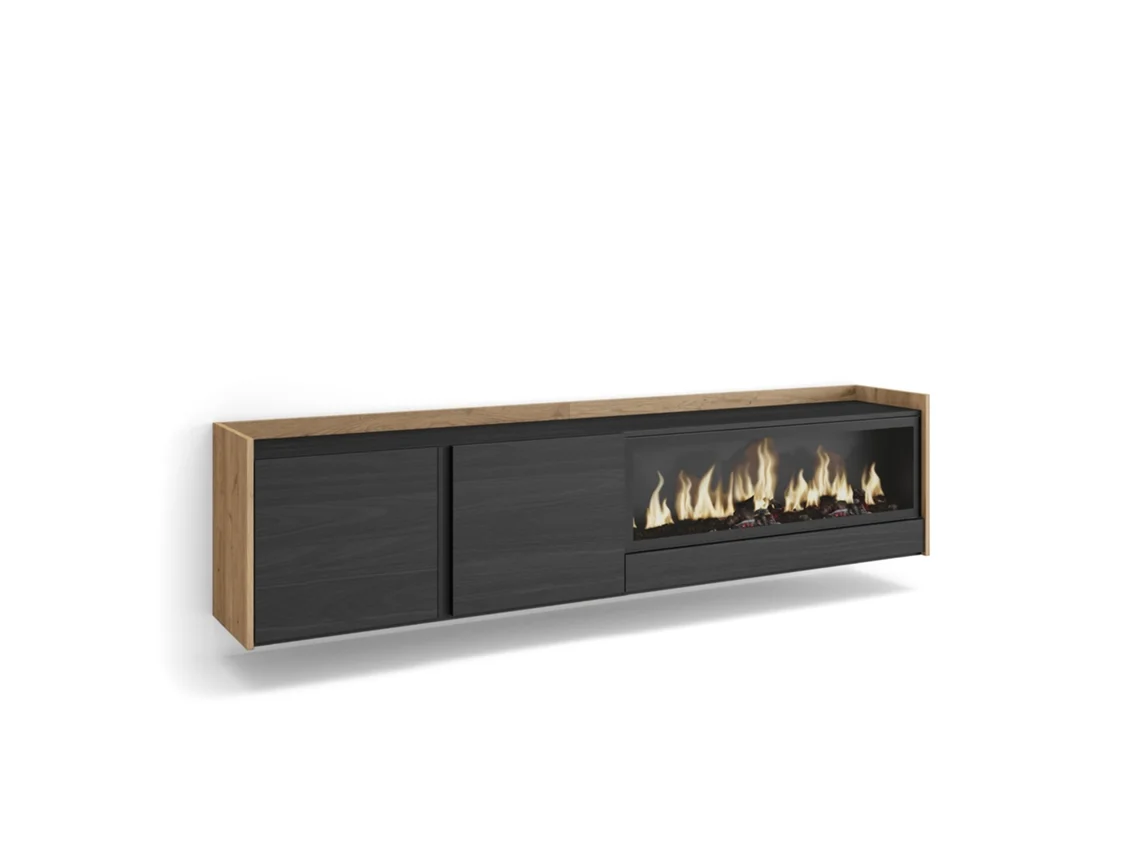 Mueble para TV, 212x35x50cm, para televisores de hasta 80'', chimenea eléctrica XXL, montaje en pared, negro y roble.