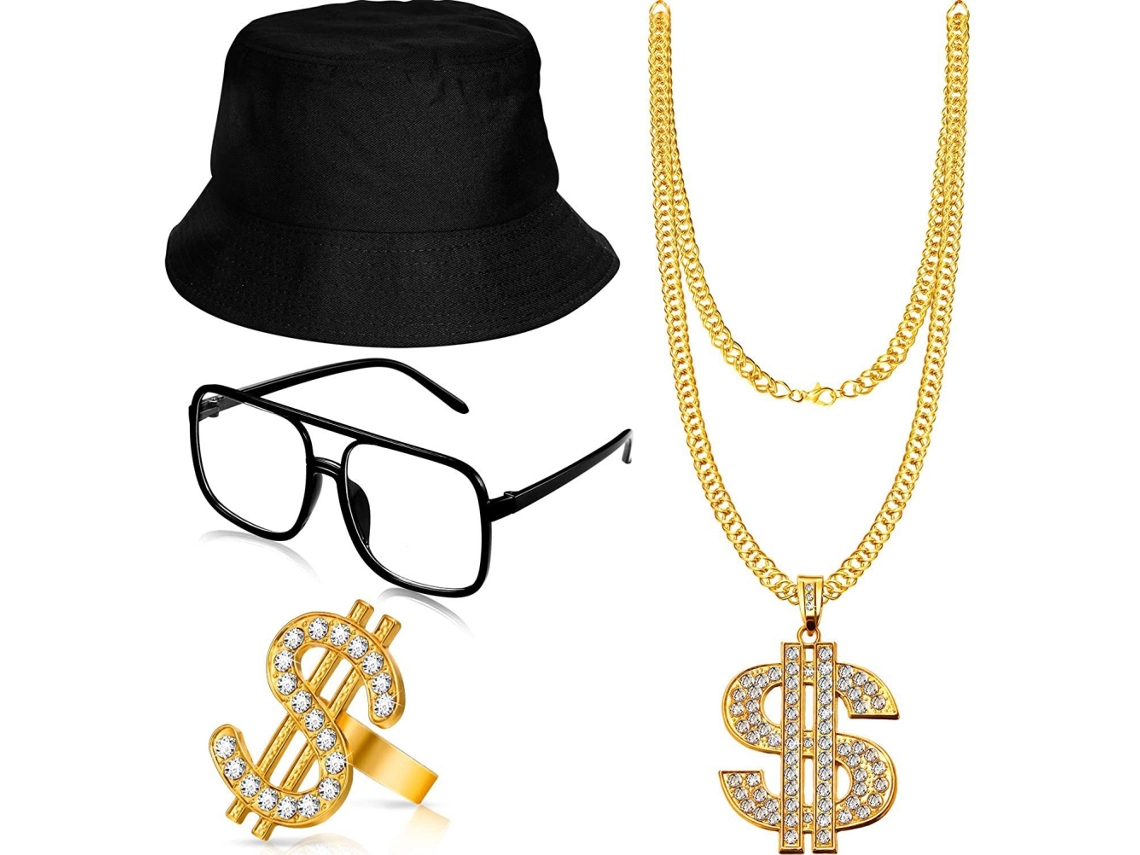Conjunto De Disfraz De Hip Hop De 4 Piezas Con Accesorios De Rapero: Sombrero, Gafas, Cadena Y Anillo Para Fiesta.