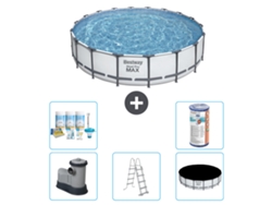 Piscina BESTWAY Round Steel Pro MAX - 549 x 122 cm - Gris - Bomba incluida - Escalera - Cobertor Paquete de mantenimiento - Filtrar