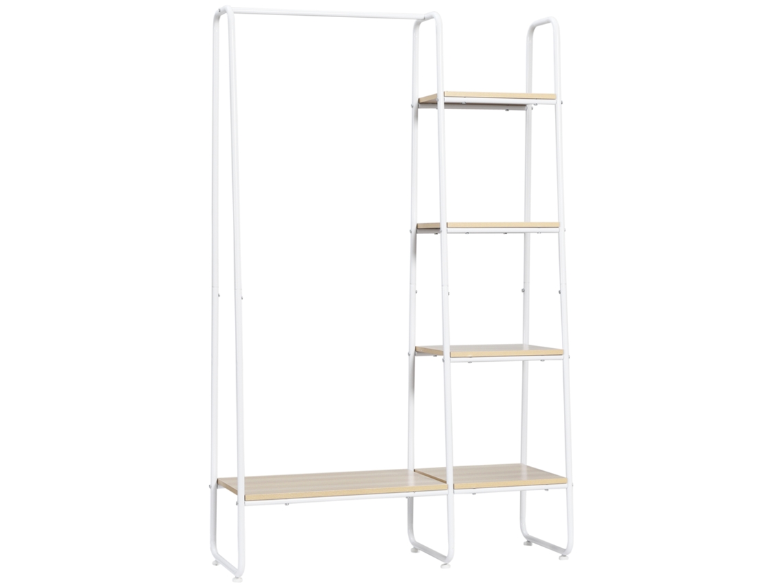 Perchero de estilo industrial con 4 estantes y barra para colgar ropa, 101x39x160cm, madera y blanco.