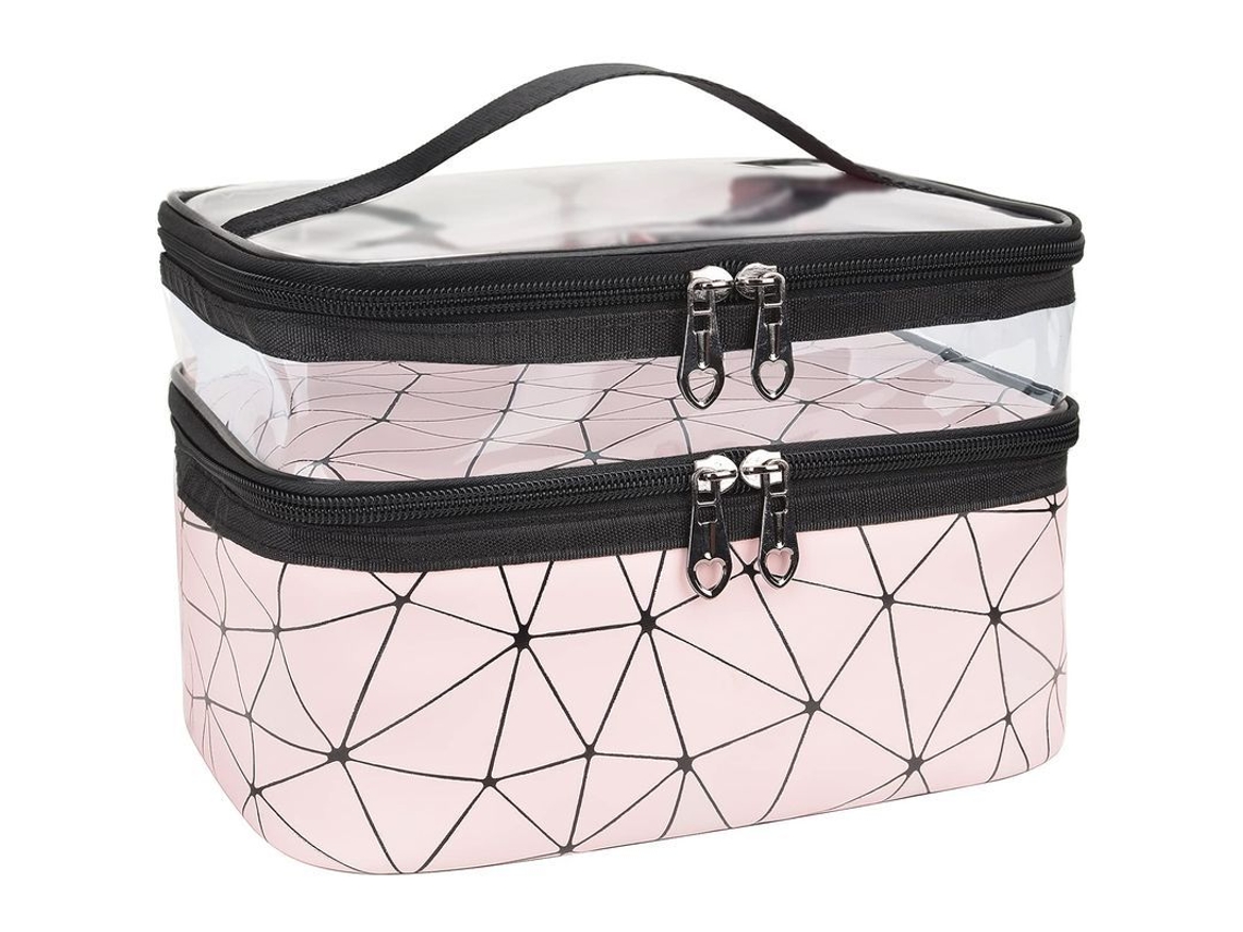 2026-linjou Bolsa De Maquillaje De Doble Capa Organizador De Viaje Estuche Cosmético Rosa Impermeable Rosa