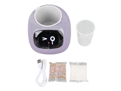 Maceta inteligente con expresiones y depósito de agua morado.