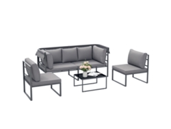 Conjunto modular de jardín de 4 piezas con sofá, sillón y mesa de cristal templado. Cojines incluidos. Gris moderno. VISTA