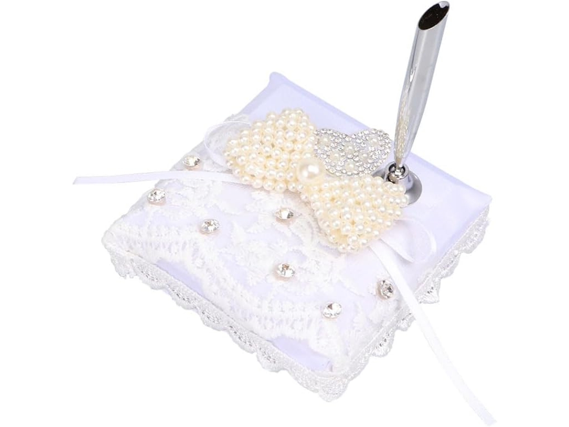 Elegante Portalápices De Boda En Panel Blanco Con Lazo Y Corazón.