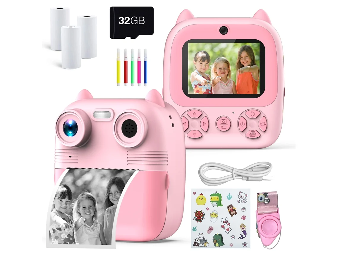 Cámara Instantánea Para Niños Lente Dual De 48 Mp Impresión Térmica Pantalla Ips De 28 Pulgadas Tarjeta De 32 Gb  Rosa DIGITALLAB