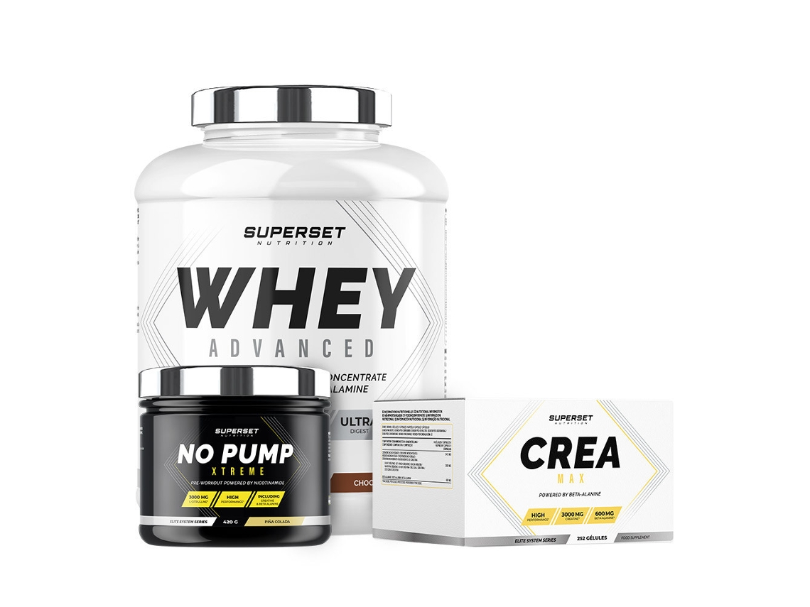 Programa de aumento de masa muscular en seco confirmado 100 Whey Proteine Advanced 2kg Chocolate No Pump Xtreme Pina Colada C Superset Nutrition