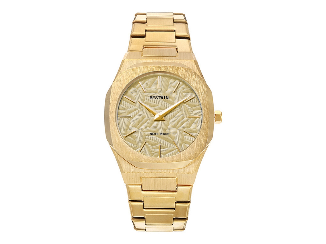 Reloj de cuarzo para hombre con hojas en relieve MDUG (dorado)