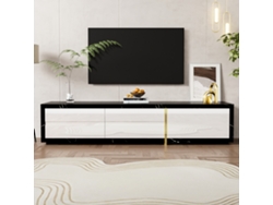 Mueble De Tv Extensible Y Giratorio, Diseño Moderno, Negro Con Efecto Mármol, Blanco Brillante Mate, Detalles Dorados, 140 A 260 Cm