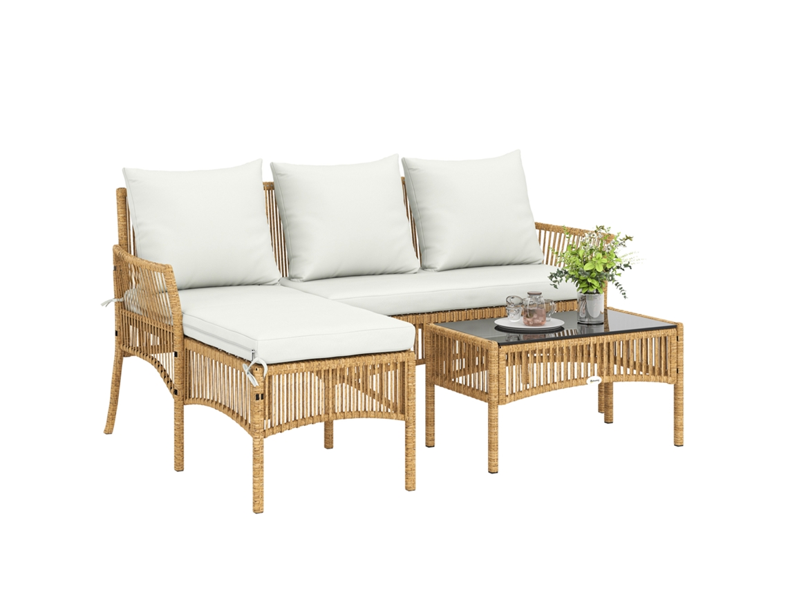 Conjunto De Sofá Esquinero De Ratán (2 Plazas) Con Mesa De Cristal Color Crema.