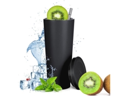 Vaso De Acero Inoxidable Con Pajita Y Tapa, 500 Ml (17 Oz), Doble Pared Aislante, Mantiene Las Bebidas Calientes.