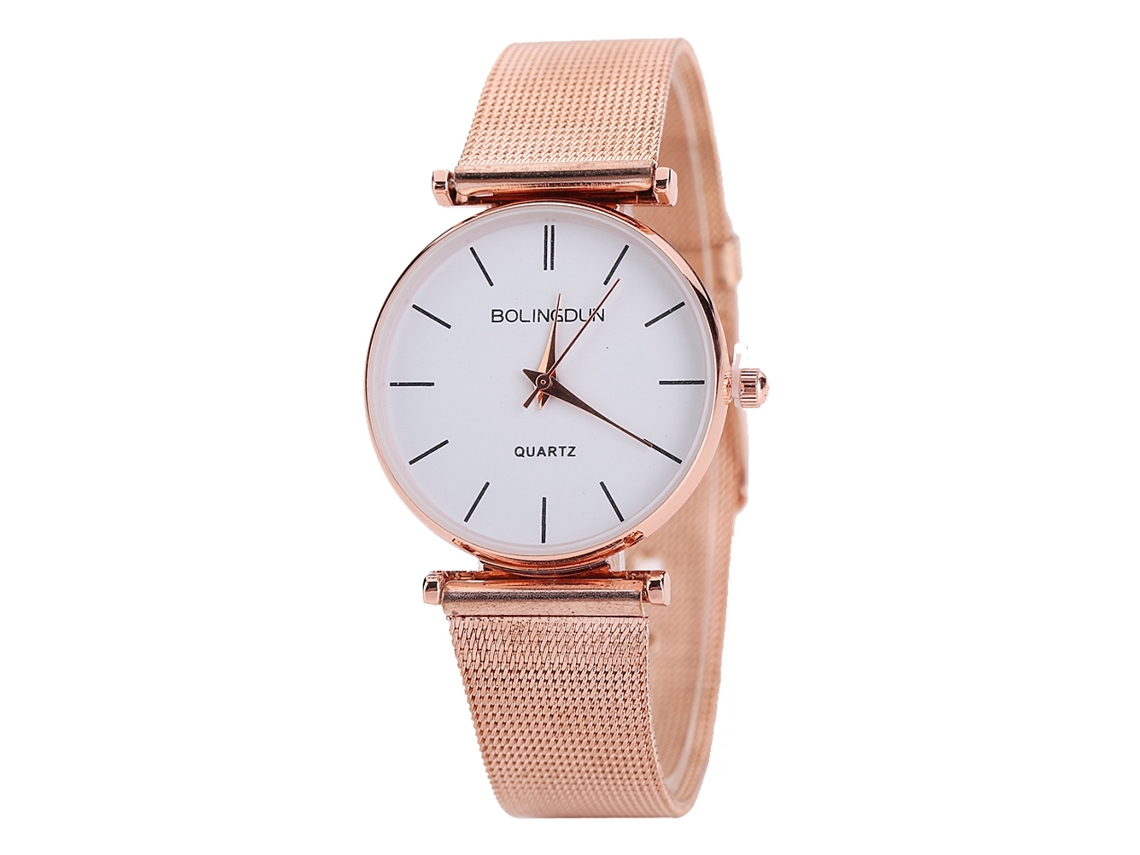 Reloj De Cuarzo Unisex Con Correa De Malla Moda Dial Grande Romanos Oro Rosa