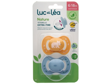 LUC ET LÉA Nature 2 Chupetes Anatomiques Téterelle Extra-Fine 6-18 Mois Modelo : Osito Amarillo Y Azul