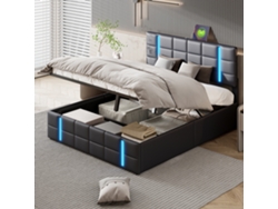 Cama Doble Moderna De Piel Sintética Rosahqnda Con Usb Y Led, Cama Hidráulica De Gran Capacidad De Almacenamiento De 140 X 200 Cm, Sin Colchón Negro
