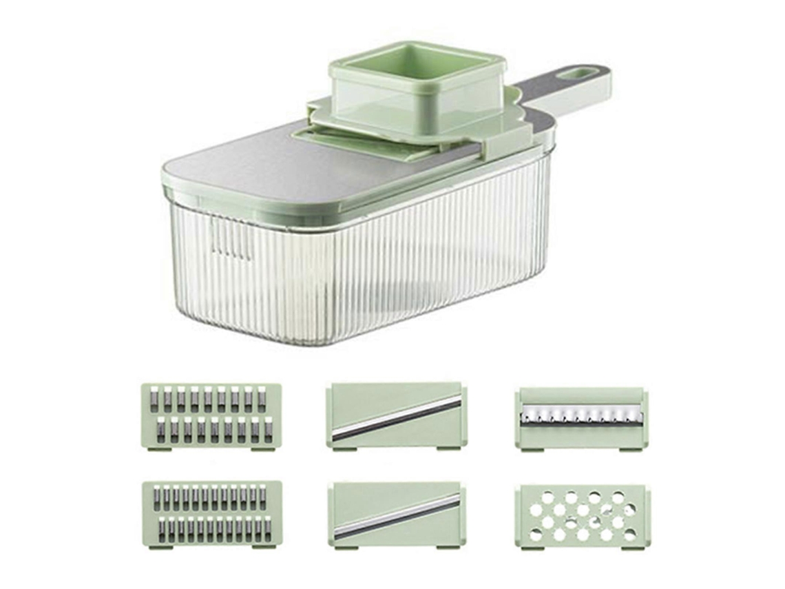 Rallador multifuncional versátil con tres herramientas de corte para frutas y verduras, ideal para uso doméstico y culinario.