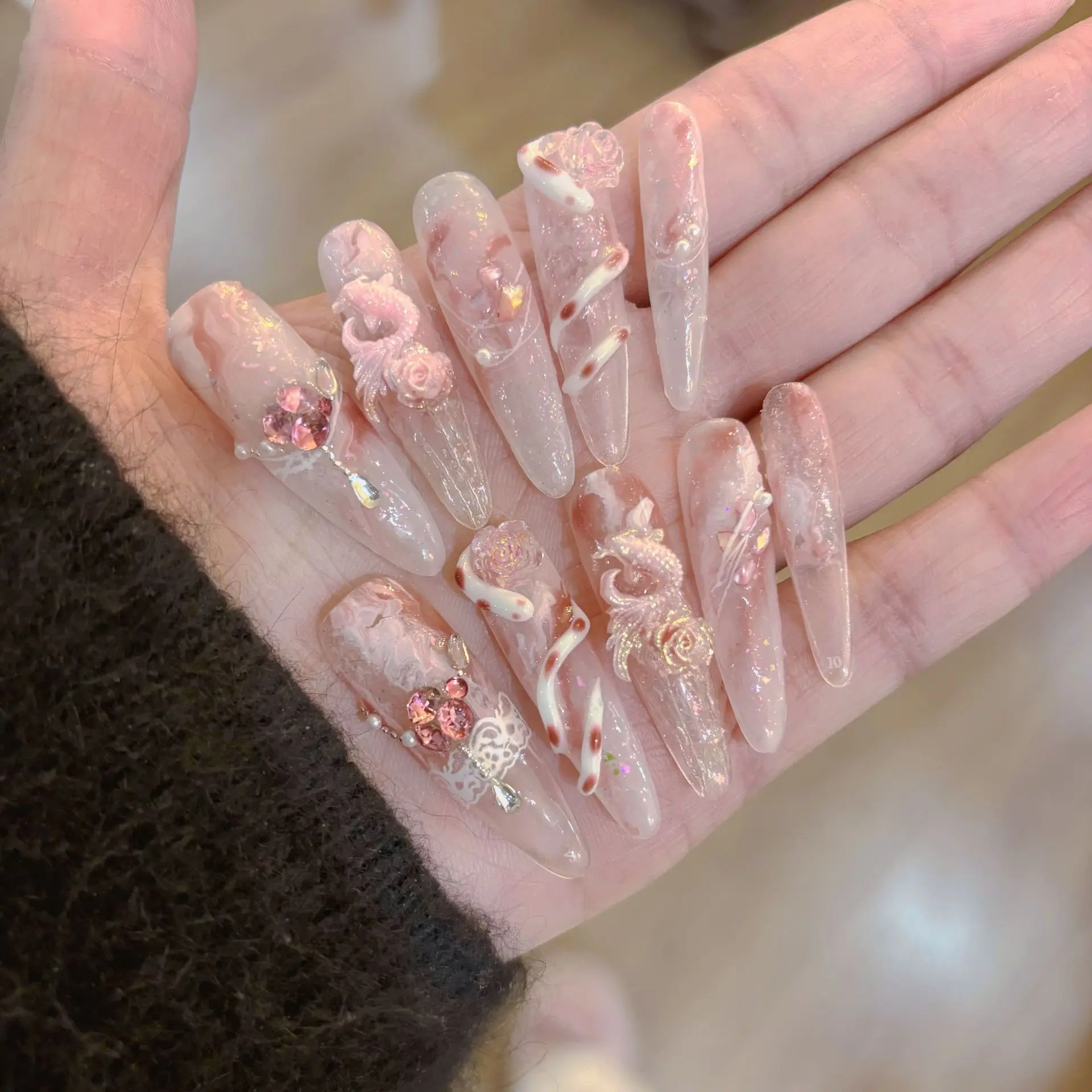 (562-l) 10 Pegatinas Para Decoración De Uñas, Uñas Postizas Extralargas Ovaladas Con Forma De Almendra Hechas A Mano