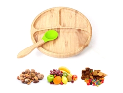 Plato Portátil De Bambú Para Alimentar Al Bebé Con Ventosa Antiderrame Y Cuchara.