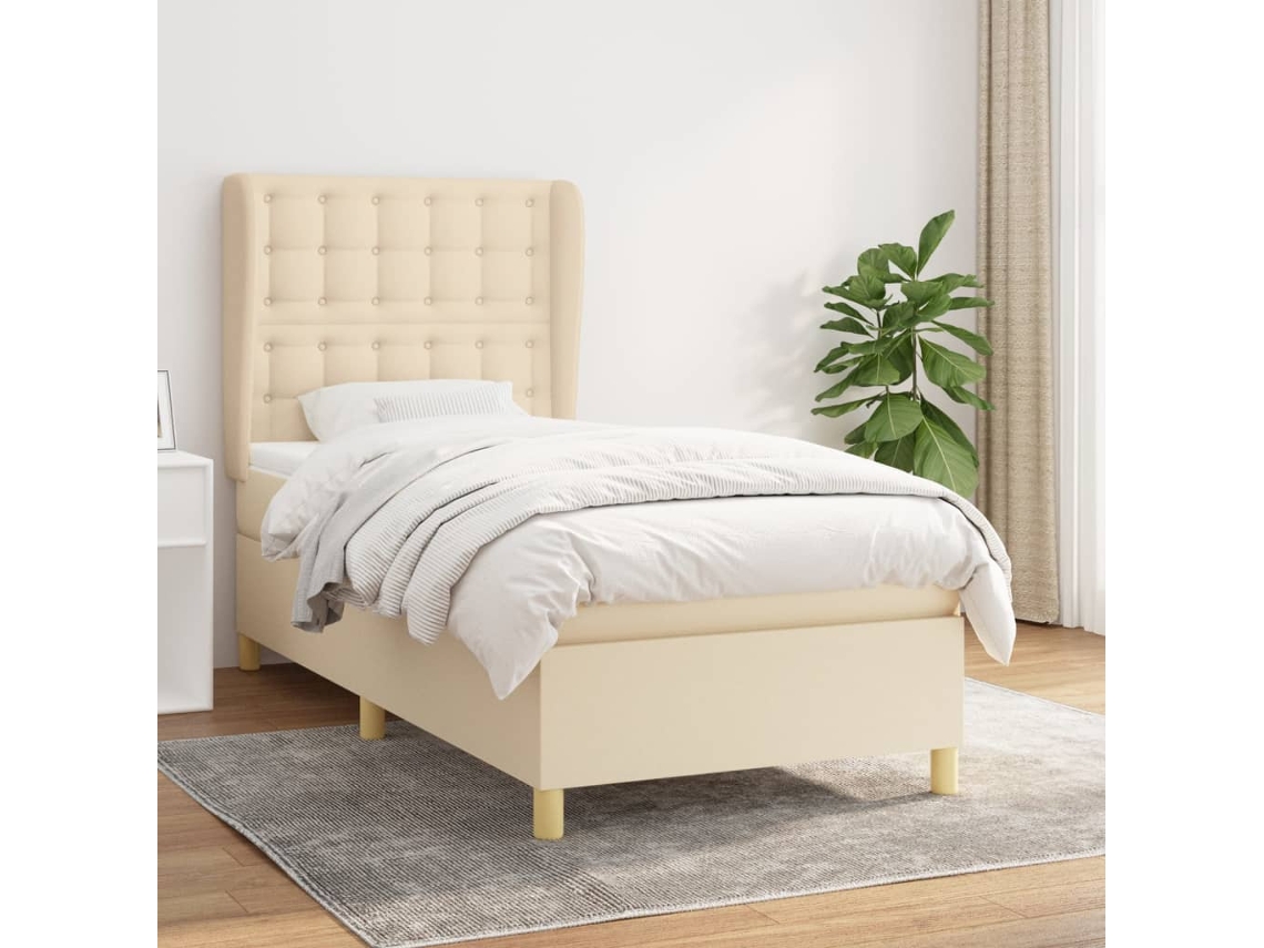 Cama Box Spring Con Colchón Tela Color Crema 90x200 Cm