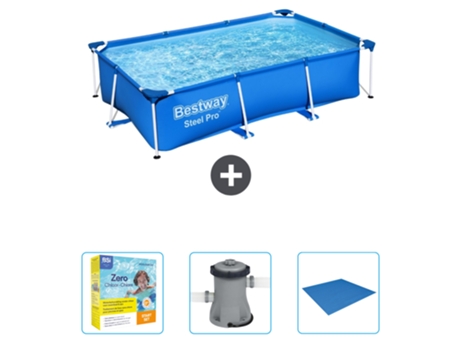 Piscina BESTWAY Rectangular Steel Pro - 259 x 170 x 61 cm - Azul - Incluida Paquete de mantenimiento - Bomba - Suelo