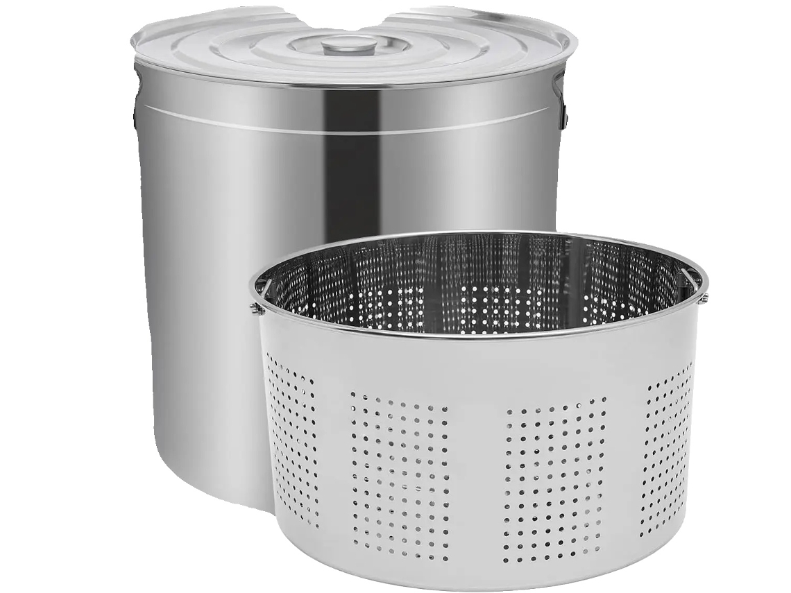 Olla para sopa, capacidad de 100 litros, fabricada en acero inoxidable 201, con asas retráctiles y acabado pulido. Incluye cesta de filtro original.