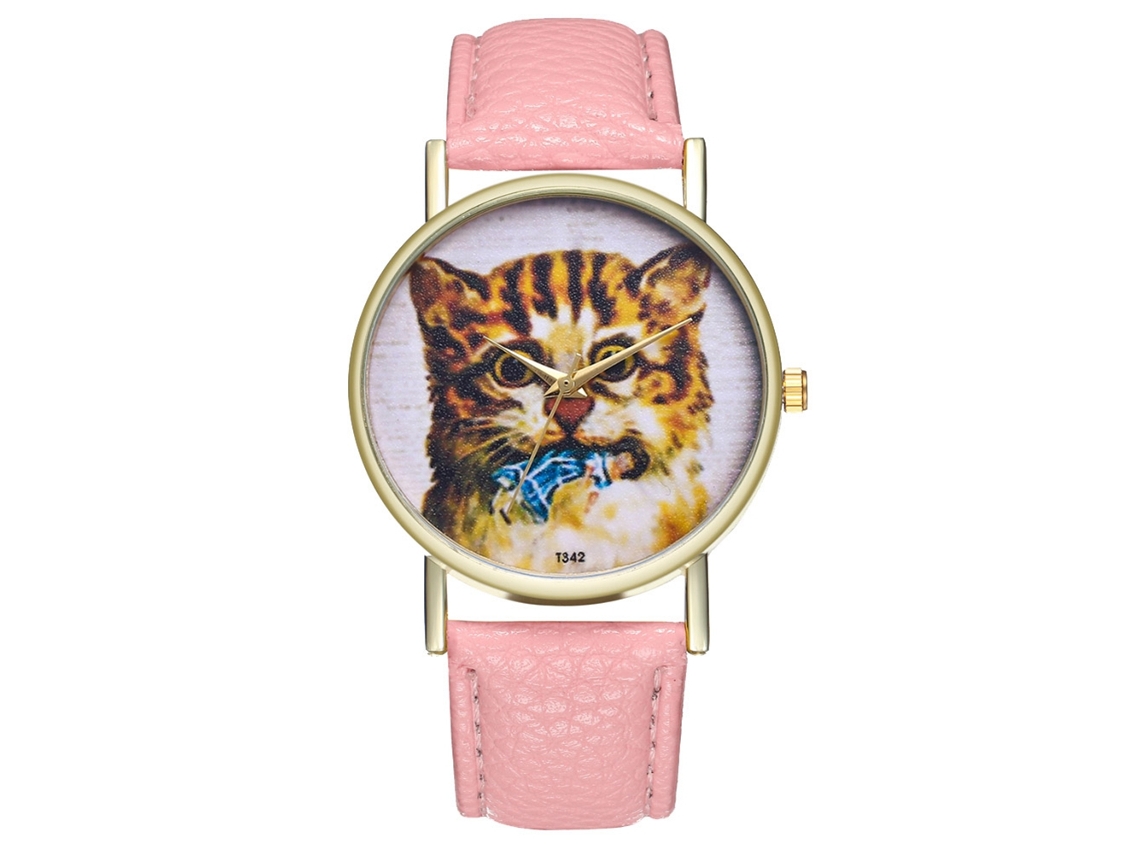 Reloj De Pulsera Zhoulianfa Para Mujer Con Elegante Estampado De Gato Y Correa De Piel Sintética Rosa.