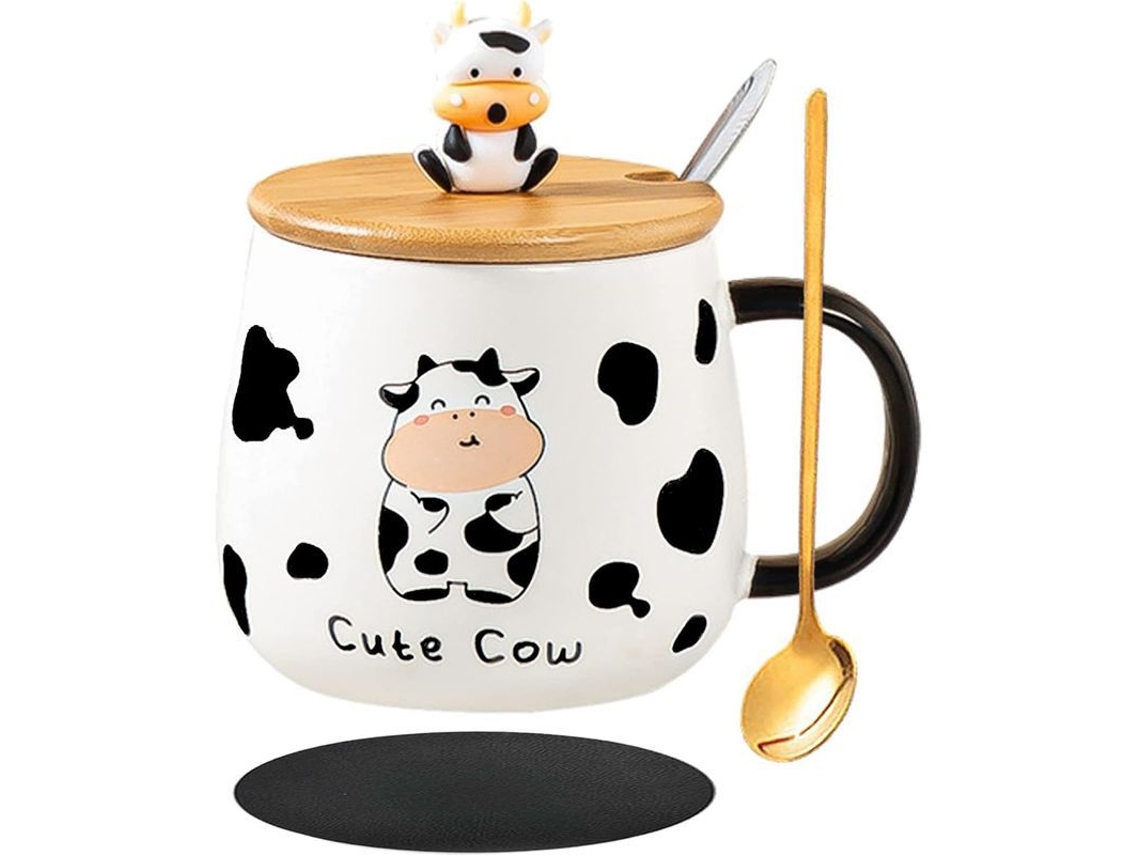 Taza De Porcelana Con Tapa Y Cuchara, 400 Ml, Diseño De Vaca, Ideal Para Café Y Té, Un Bonito Regalo.
