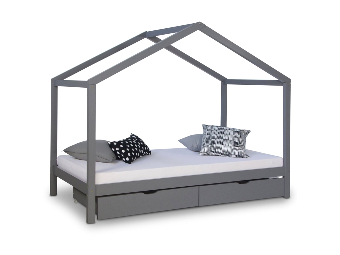 Cama Infantil De Madera Gris Con Somier De Láminas Incluido 90x200 Cm Con Cajones De Almacenaje Lit06191