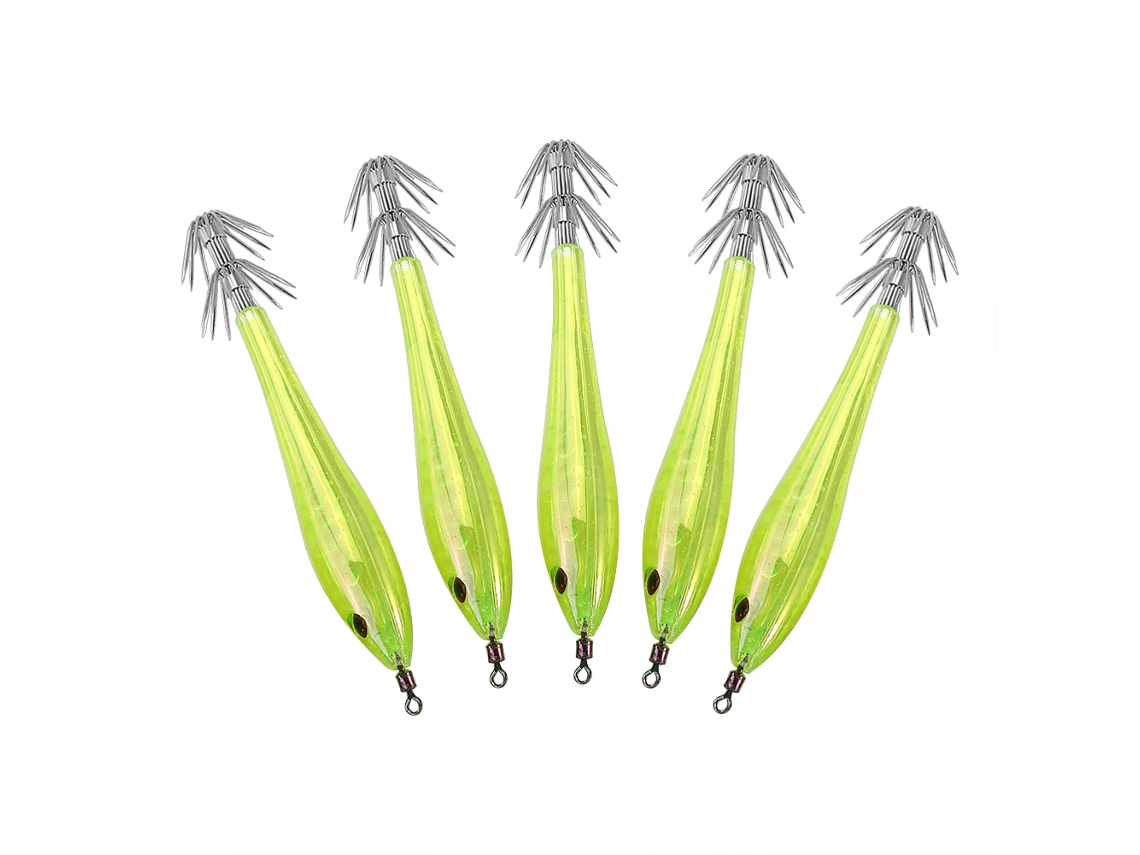 Señuelos de calamar de plástico 3D de 9,5 cm, color amarillo, 5 unidades