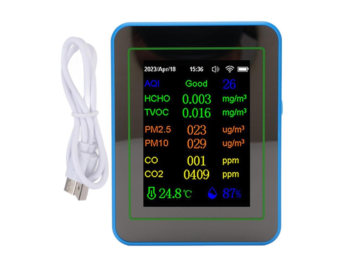 Medidor De Calidad Del Aire 12 En 1 Con Wifi, Co2, Tvoc, Hcho, Temperatura, Humedad, Batería Y Pantalla Horaria Blanca Y Azul.
