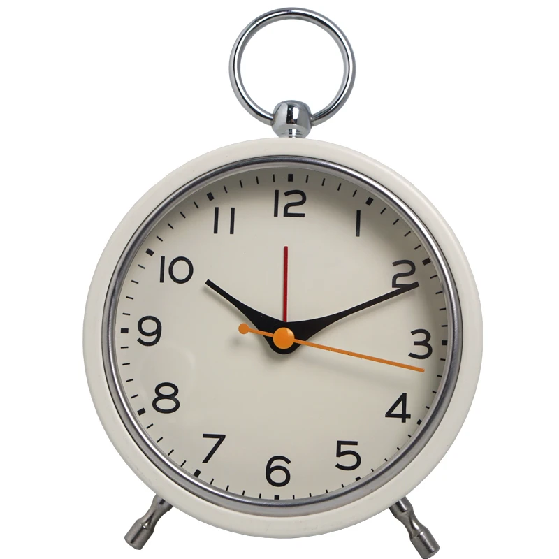 Reloj despertador de mesa de metal de estilo europeo (blanco) con función de repetición y anilla para colgar sencilla, reloj de cuarzo.