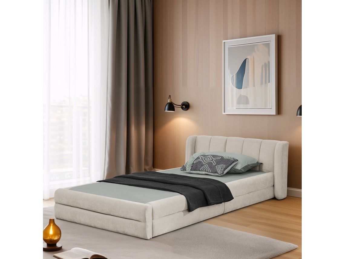 Cama Individual De 90x200 Cm, Chenilla Beige, Cabecero Cómodo.