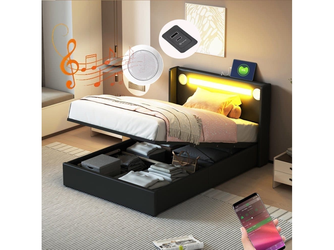 Cama Contenedor Tapizada En Piel Sintética De 90x200 Cm Con Led, Reproductor Bluetooth Y Puertos De Carga Usb - Con Somier - Negro