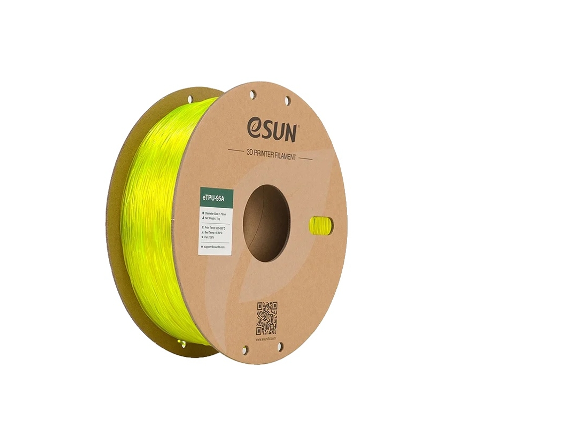 Filamento para impresora 3D, TPU flexible 95a, alta durabilidad, amarillo transparente.