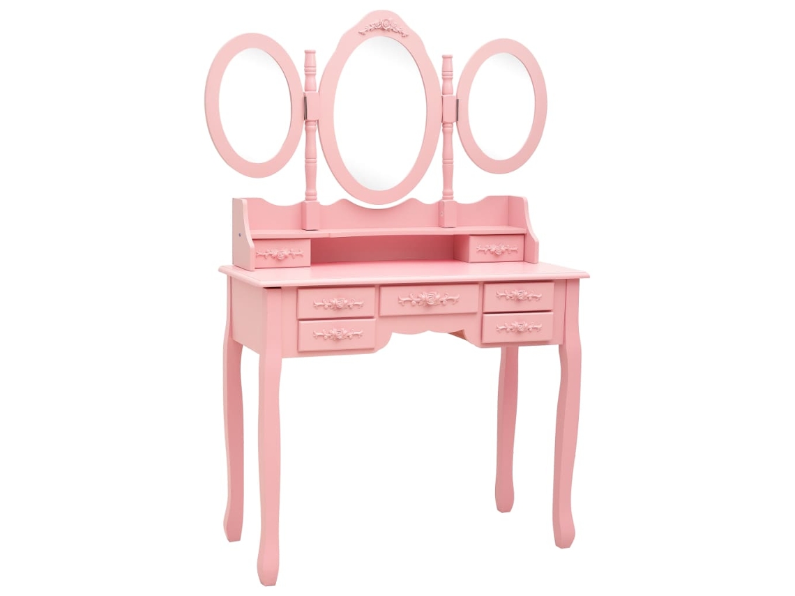 Tocador | Mesa De Vestidor Con Taburete Y Espejo Triple Plegable Rosa